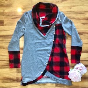 Dressfo Asymmetrical Plaid Long Sleeve Tunic